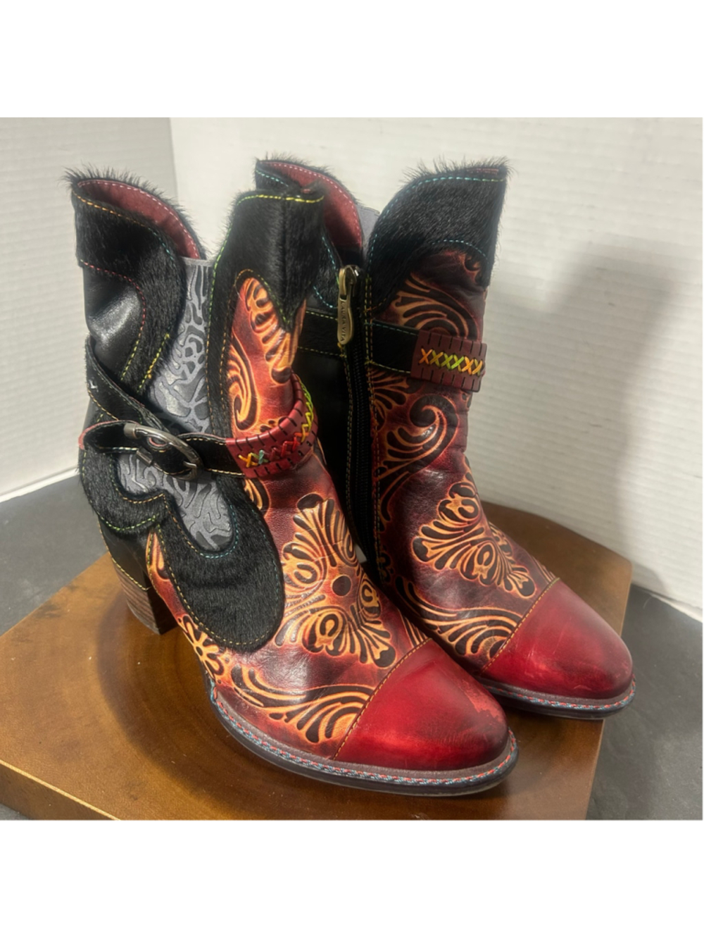 Women's Laura Vita France Ankle Boots Size 6.5 Red Tooled Floral Leather Boho